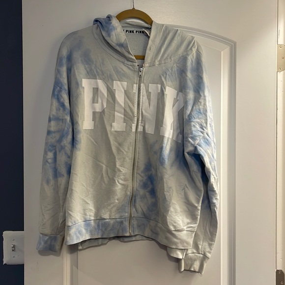 Pink victoria secrets large tie dye blue white zip up hoodie - Picture 1 of 3